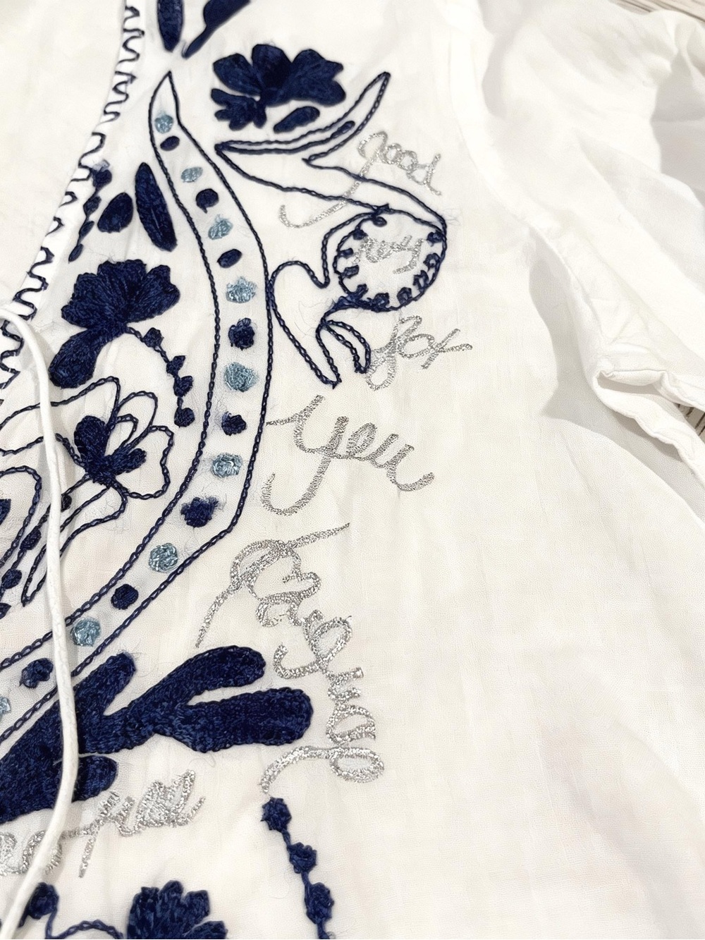 Desigual Cotton Boho Peasant Blouse White Blue Embroidered Tunic Top L - Picture 5 of 16